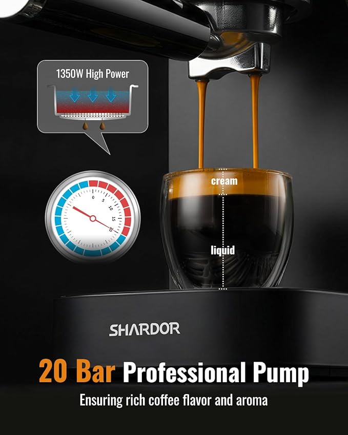 SHARDOR Espresso Machine 20 Bar, Professional Espresso Machine with Milk Frother and Touchscreen, Expresso Coffee Machines with Adjustable Temperature,for Cappuccino, Latte, Stainless Steel, Black