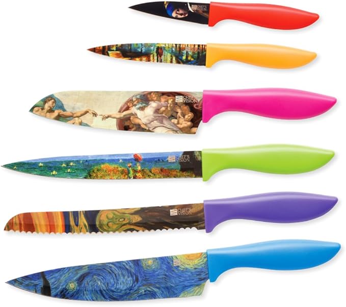 CHEF'S VISION Masterpiece Knife Set -6-Piece Stainless Steel Cutting Knives Set for Kitchen - Stunning Artistic Designs, Great Gift for Women or Men - Unique Kitchen Knife Set Gift for Art Lovers