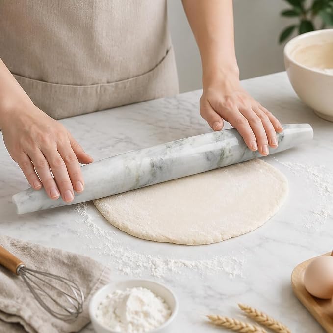 Marble French Rolling Pin, Non-Stick Polished Dough Roller, Pasta, Dumpling, 15 inch Kitchen Baking Tool for Baking with Wooden Resting Base(Bianco Palomino)