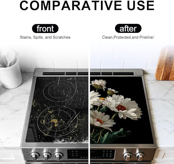 Stove Top Cover for Electric Stove 28.4 x 20.5 Inch Non Slip Stove Mat Oil Proof White Daisy Glass Cooktop Protector Kitchen Counter Mat