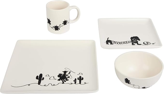 Toy Story 4-Piece Ceramic Dinnerware Set With Scribble Design - Cute Character Line Drawings - Beautiful Glazed White Square Dinner & Salad Plates With 16 Oz. Bowl & 11 Oz. Mug Place Setting