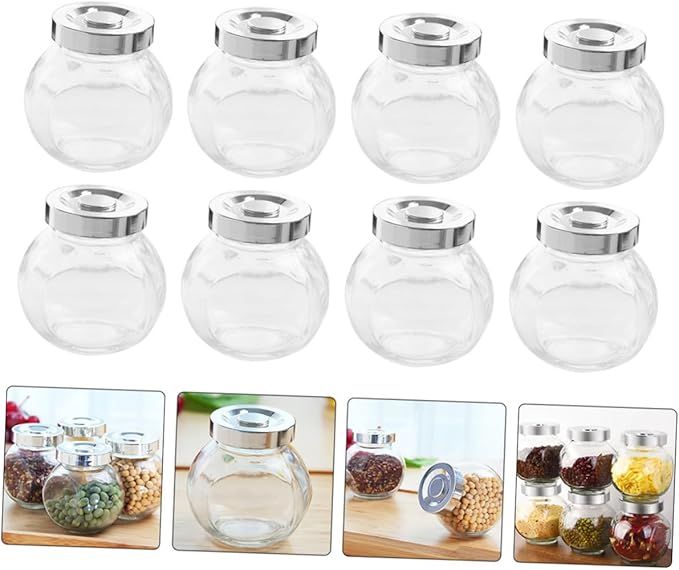 PRETYZOOM Round Glass Sealed Jar Airtight Kitchen Storage Container 8-Piece Set for Dry Fruits and Snacks Sealed for Meal Prep and Organization
