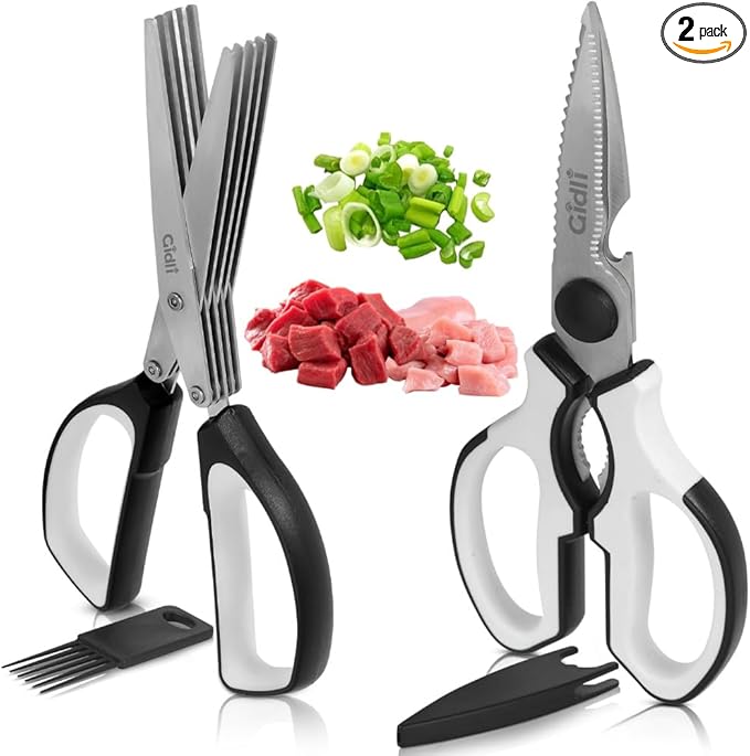Gidli 5 Blade Herb Scissors Set with Heavy Duty Kitchen Shears - Stainless Steel Vegetable Scissors for Fresh Herbs and Salad Prep - Dishwasher Safe 2 Pack with Protective Cover