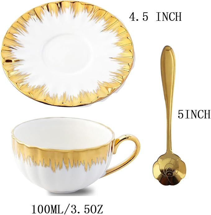 Gold Rimmed Ceramic Coffee Mug with Saucer Cappuccino Mug, 6 oz, for Coffee, Latte, Tea, Set of 6 (gold, Medium)
