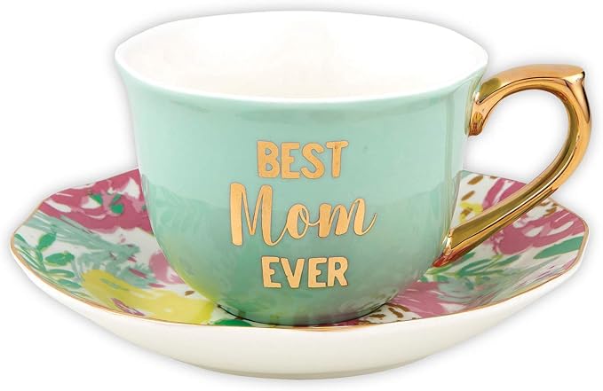 Best Mom Ever Mint Green Floral 5 ounce Porcelain Tea Cup and Saucer