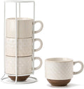 Large Ceramic Coffee Mug Set of 4 with Stand, 15 Oz Stackable Different Embossment Ribbed Latte Cup Set for Cappuccino, Tea, Hot Cocoa, Drinks - Dishwasher & Microwave Safe, Aged Ivory