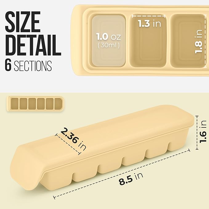 Silicone Ice Cube Freezer Tray with Lid, 100% Food-Grade Platinum Silicone,Leak Resistance & Dishwasher Safe for Baby Food Prep,Breast Milk,Purees - Korean Made (Beige 2-Pack 1 oz/6 Sections)