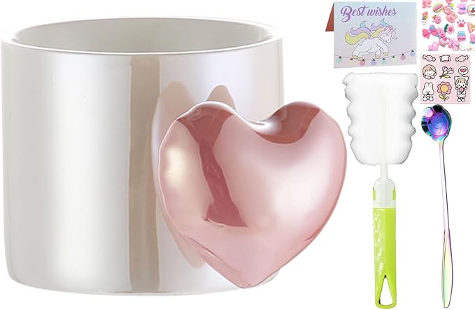 Pearl Ceramic Coffee Mug for Tea Latte Milk Cute Love Shape Cup for Home Office Women Gift 6.5 oz (love pearl pink, 330 ml)