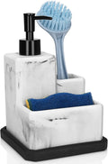 Soap Dispenser with Sponge Holder and Brush Holder,White Marble 3 in 1 Liquid Hand Dish Soap Dispenser and Sponge Holder Sink Caddy Organizer for Kitchen Bathroom,Removable Bottom Tray