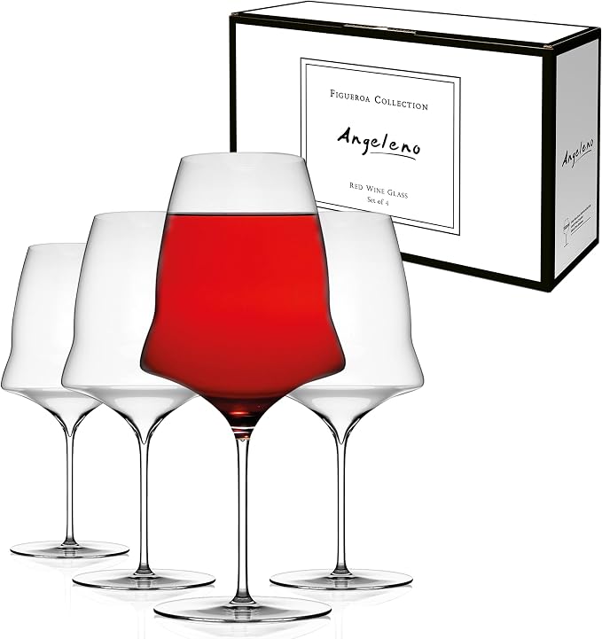 ANGELENO Figueroa Red Wine Glasses, Large Stemmed Crystal Wine Glasses for Cabernet Merlot Pinot Noir, Elegant Clear Red Wine Glass Cups for Dining Table Kitchen Bar, Modern Wine Glassware - Set of 4