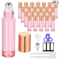 PrettyCare 24 Pack, 10 ml Essential Oil Roller Bottles with Stainless Steel Roller Ball - Refillable Leak-proof Empty Thick Pink Glass Roll on Bottles with Metal Caps for Travel, Perfume