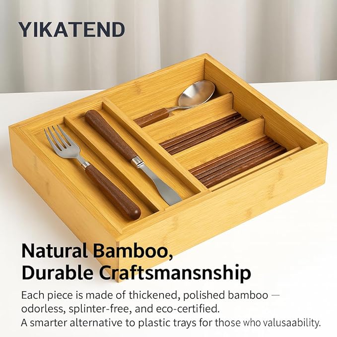 Bamboo Expandable Flatware Drawer Organizer Stackable Bamboo Silverware Drawer Organizer – 2-Tier Kitchen Utensil Tray with Compartments, Flatware Organizer for Spoons