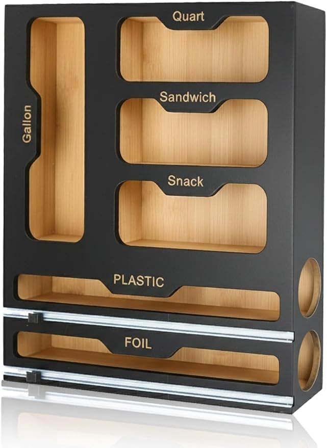 6-in-1 Ziplock Bag Organizer & Plastic Wrap Dispenser with Cutter, Kitchen Drawer Organizer for Food Storage Bags, Foil, Plastic Wrap, Parchment Paper Bamboo Bag Organizer