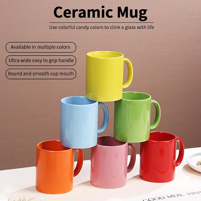 Evanda Coffee Mugs Set of 6 Pieces 12oz, Ceramic Cups with Handle for Latte, Hot Tea, Cappuccino, Mocha, Cocoa, Milk, Dishwasher Safe, Mutil Colors