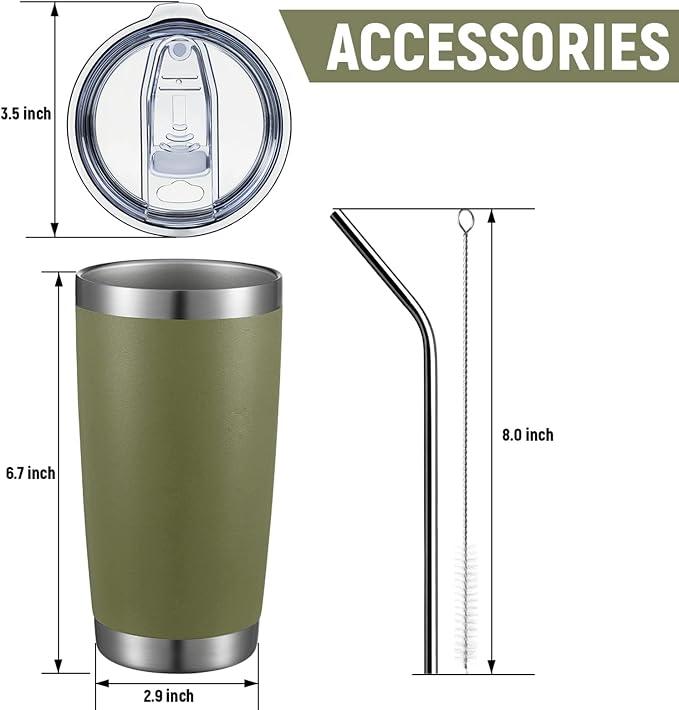 COMOOO 20oz Tumbler 8 Pack Double Wall Vacuum Insulated Travel Mug, Stainless Steel Tumbler with Lid and Straw Durable Powder Coated Insulated Coffee Cup for Cold & Hot Drinks,army green, 8 pack