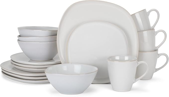 Elanze Designs 16-Piece Modern Luxury Chic Smooth Vintage Handmade Shape High Gloss Ceramic Stoneware Square Plate Mug & Bowl Kitchen Dinnerware 16 Piece Set - Service for 4, White