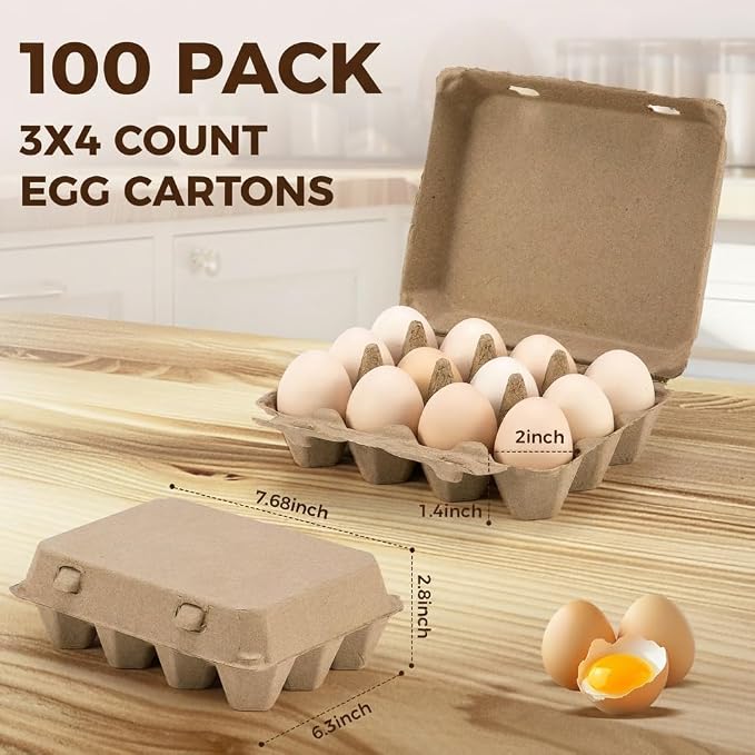 100 Pack Egg Cartons, 3x4 Style Paper Pulp Egg Trays, Sturdy & Reusable Egg Holder 12 Count Dozen Chicken Egg Storage Tray for Farmers, Home Use & Transport