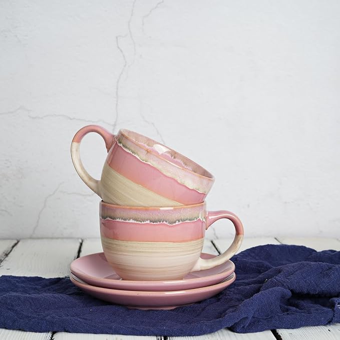 Bosmarlin Ceramic Cappuccino Cup and Saucer Set of 2, 10 Oz, Coffee Cups for Latte, Espresso, Tea, Dishwasher and Microwave Safe, Reavtive Glaze (Pink)