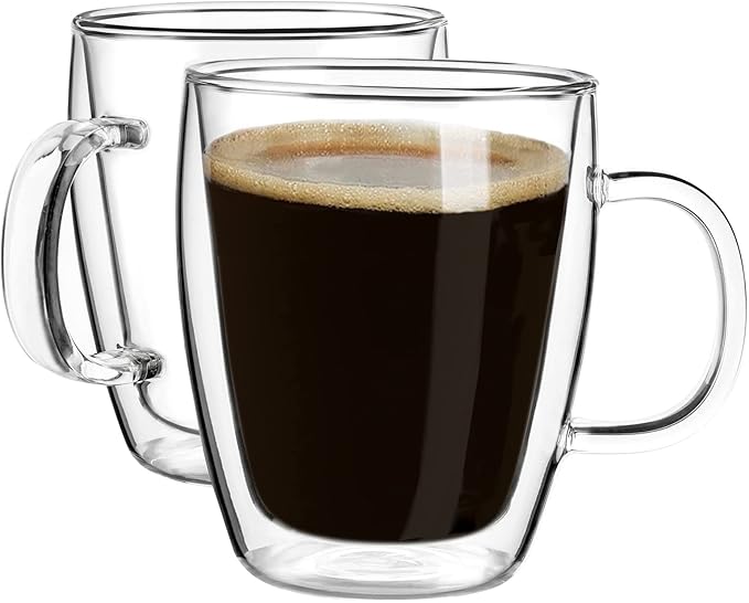 YUNCANG Double Wall Insulated Coffee Mugs, 16 Ounces - Clear Glass, Cappuccino & Latte Cups, Heat Resistant