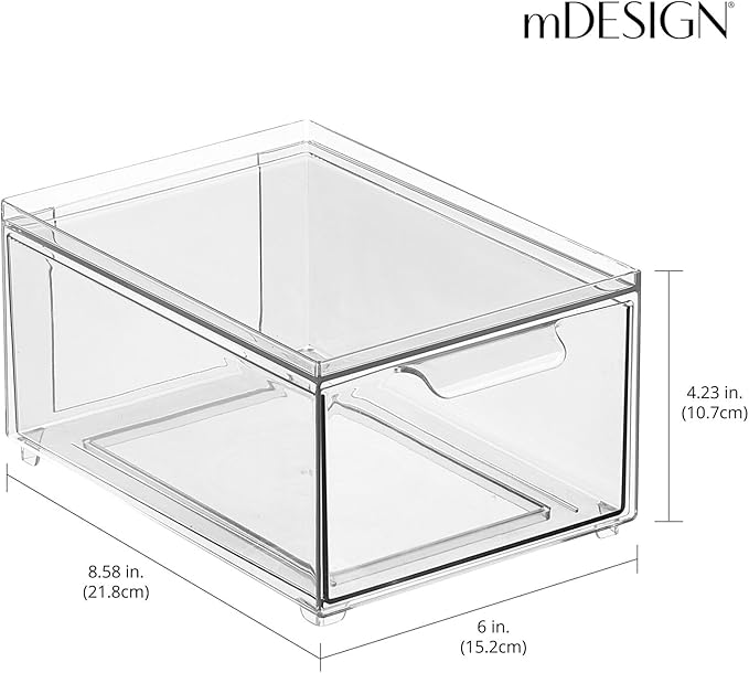 mDesign Plastic Bathroom Organizer Bin w/Pull Out Drawer - Slim Stackable Storage Container for Bathroom Accessories - Perfect for Organizing Bathroom Cabinet - Lumiere Collection - 8 Pack - Clear