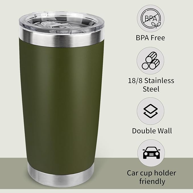 20oz Stainless Steel Tumbler Bulk with Lid, Travel Mug - Double Wall Vacuum Powder Coated Cup - Army Green, 12 Pack