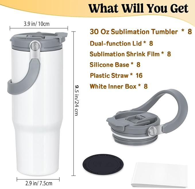 8 Pack 30oz Sublimation Tumbler with Handle, Sublimation Flip Straw Tumbler with Portable 2-in-1 Lid, Stainless Steel Insulated Water Bottle, Leak Proof Travel Coffee Mug Cup for Home, Outdoor or Car