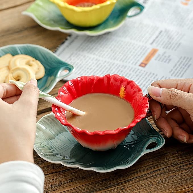 WAYUTO 3D Ceramic Coffee Mug and Saucer Set with Spoon Sunflower Coffee Mug Tea Cup with Decorative Handle Vintage Floral Drinking Cups Unique Gifts for Birthday Wedding Christmas 6oz Yellow