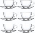 Glass Teacup and Saucer Set, 6 Pack Coffee Mug with Stainless Steel Spoon Suitable for Espresso Juice Cappuccino and More Beverage, 7OZ/210ML, Clear
