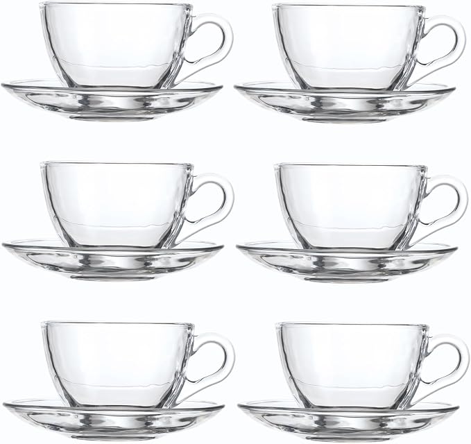 Glass Teacup and Saucer Set, 6 Pack Coffee Mug with Stainless Steel Spoon Suitable for Espresso Juice Cappuccino and More Beverage, 7OZ/210ML, Clear