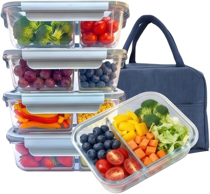 5Pack (34oz-2 Compartments with Lunch Bag) Glass Food Storage Containers with Lids for Kitchen Meal Prep, Fridge Organization, Lunch Box
