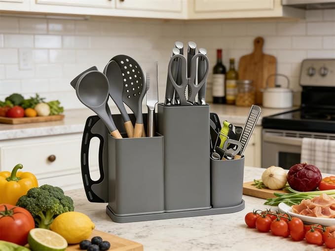 Kitchen Utensils and Knives Set, 20PCS Knife and Cooking Spoon Tools Set with Storage Holder, Sharp Stainless Steel Knife Sets with Bread, Chef Knife Cutting Board (Grey)