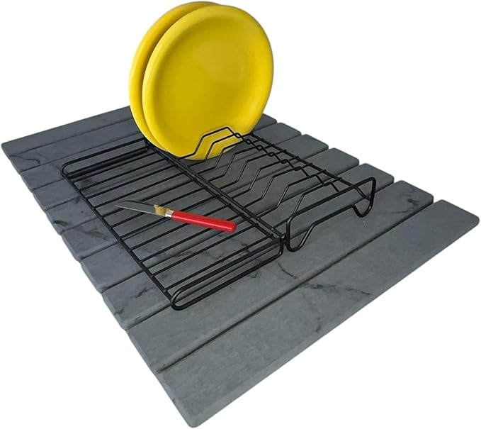 Stone Drying Mat + Foldable Black Metal Dish Rack – Complete 2-Tier Kitchen Drying System – Ultra Absorbent Dark Gray Mat for Plates, Glasses & Cutlery – Modern & Hygienic Counter Organizer - 24"x16"