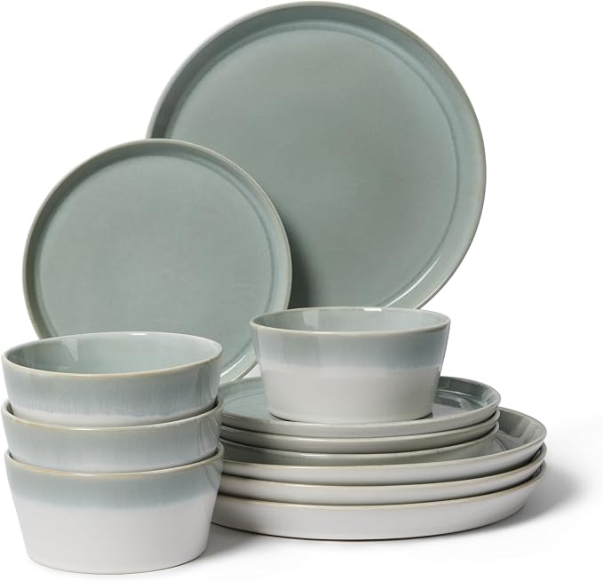 Pokini Dinnerware Sets for 4, Ceramic Plates and Bowls Set, Modern Artisan Dish Set, Microwave & Dishwasher Safe Dishware Set, Chip & Scratch Resistant Dinner Sets, Gradient Green