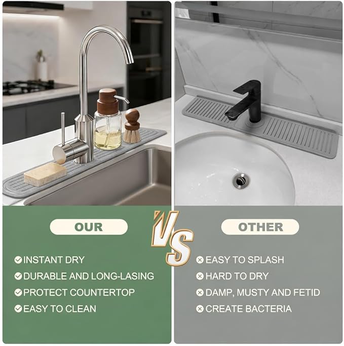 Meiliweser Faucet Mat for Kitchen Sink, Diatomite Quick Drying Stone Mat & Sink Protector, 23.6" x 4" Kitchen Sink Splash Guard, Absorbing Stone Tray for Bathroom Counter (Dark Gray)