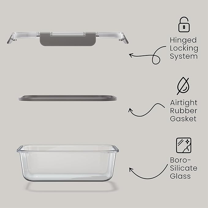 Emporio Kitchen Borosilicate Glass Food Storage Containers with Lids 24 Pieces, BPA-Free Stackable Lunch & Leftover Containers, Microwave, Freezer & Dishwasher Safe, 100% Airtight Leak-Proof, Gray
