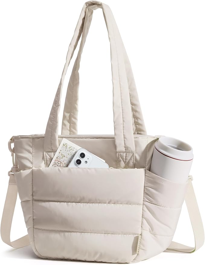 BAGSMART Lunch Bag Women Small Insulated Tote with Lunch Compartment Quilted Lightweight Puffy Tote Bag for Work, Travel, Outdoor, Beige