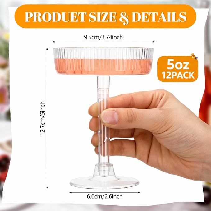 12 Pcs Ribbed Martini Glasses 5 oz Disposable Plastic Vintage Ribbed Coupe Glasses Cocktail Unbreakable Dessert Parfait Glassware for Wedding Party Supplies (Clear)