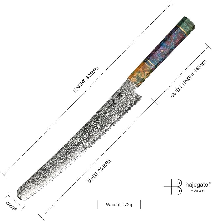 Damascus Chefs Knife Bread Slicer Unique One of Kind Handle Professional 10 Inch Japanese Chefs Kitchen Knife Vg10 67 Layers Damascus Steel Knive - Part of Chef Knife Set
