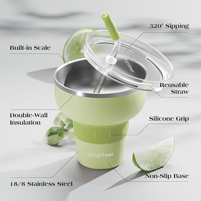 16 oz Stainless Steel Cocktail Tumbler with Lid and Straw - Insulated Margarita Tumbler - 320 Sippable Stemless Wine Cup for Party | Green