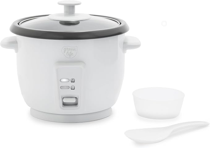 GreenLife Rice Cooker with Removable PFAS-Free Ceramic Nonstick Pot, 3-Cups Uncooked/6-Cups Cooked, Grains & Oatmeal Multicooker, Compact One-Switch Design, Auto Keep Warm, Easy Clean, White