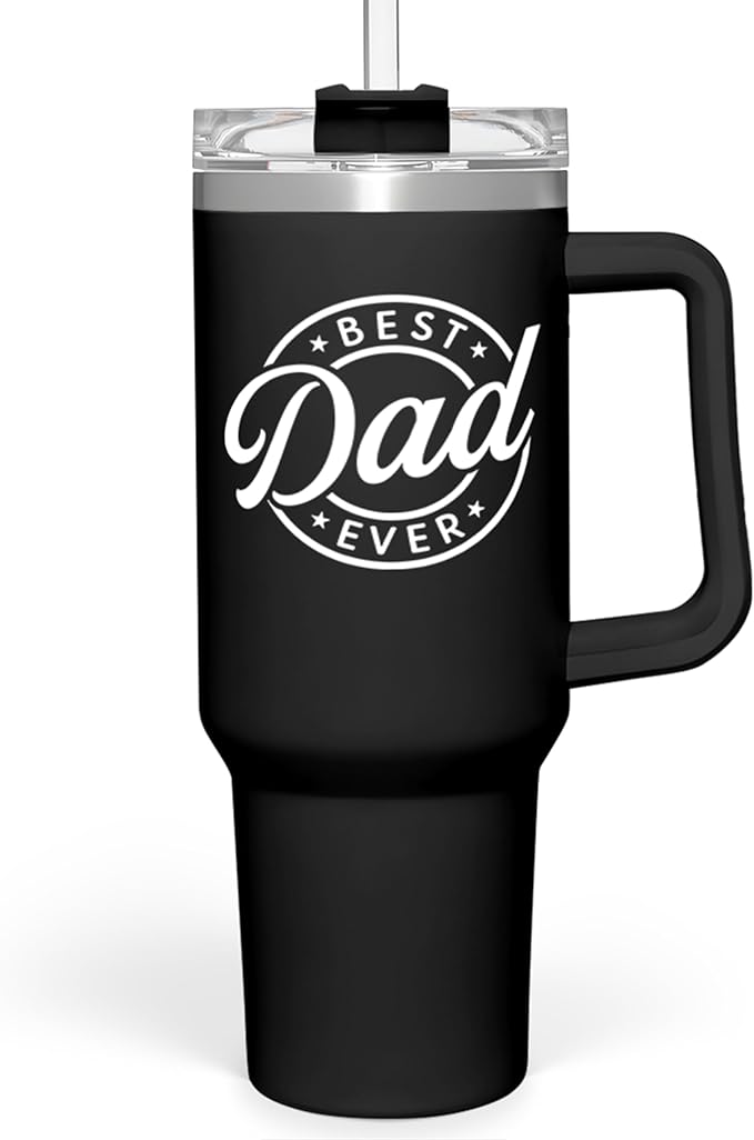 SANDJEST Best Dad Ever Tumbler with Handle - 40oz Stainless Steel Insulated Coffee Cup - Gift Set with Lid & Straw for Father’s Day, Birthday, Christmas