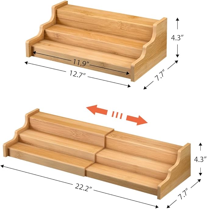 2 Pack Spice Rack Organizer for Cabinet - 3 Tier Bamboo Expandable Display Shelf for Seasoning Storage in Kitchen Pantry