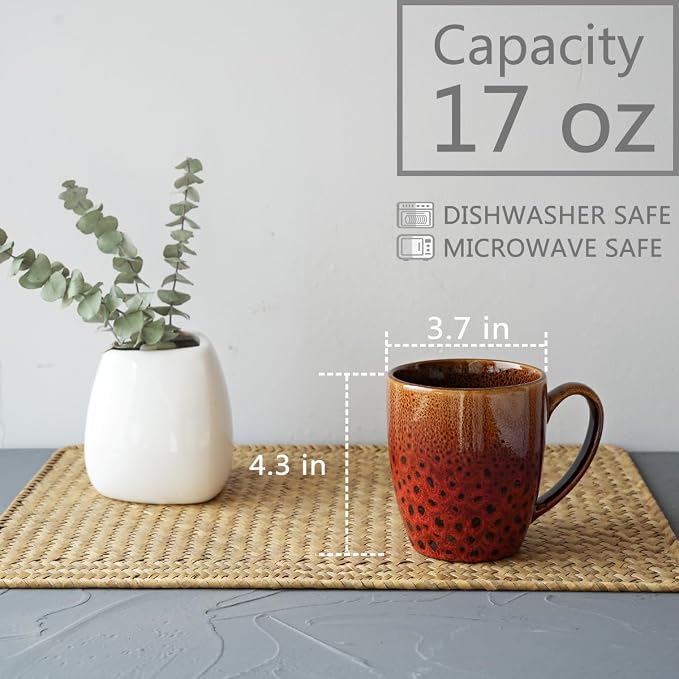 Bosmarlin Ceramic Coffee Mug Set of 4, 17 Oz, Coffee Cups with Big Handle, Microwave Safe, Unique Reactive Glaze (Orange&Red)