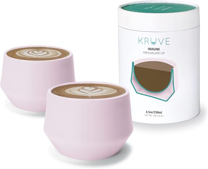 KRUVE Porcelain Latte Coffee Cups, Double Walled Insulated, Spherical Design for Latte Art, 8.5oz (Pink, Set of Two)