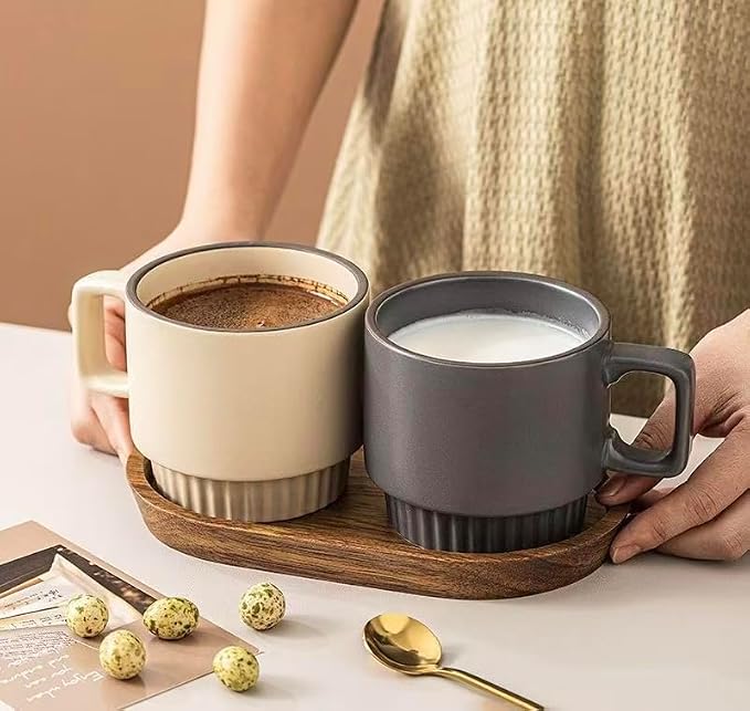 12OZ Stackable Coffee Mugs Set, Ceramic Coffee Cups with morandi color for Au Lait, Cappuccino,Latte,Cafe,Mocha,Tea, Suit Party Housewarming Wedding, Set of 4, Dishwasher&Microwave Safe, Off White