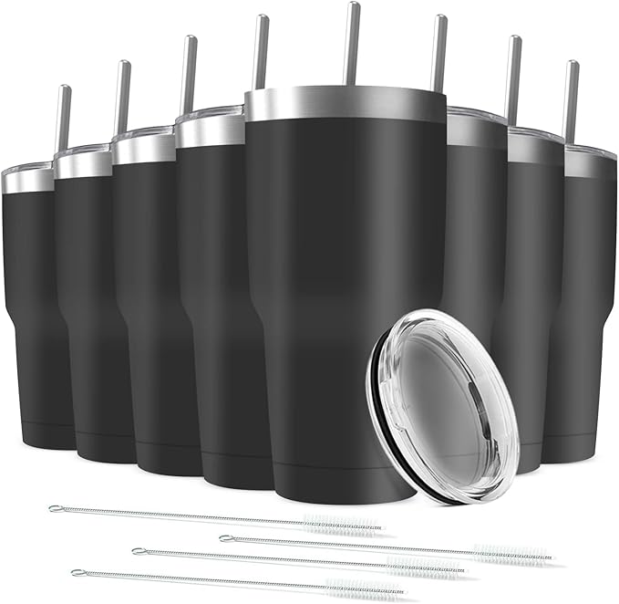 30oz Tumbler Vacuum Insulated Travel Mug with Lids, Stainless Steel Double Wall Bulk Cup for Home, Office, Outdoor Suitable for Vehicle Cup Holders(Set of 8, Black)