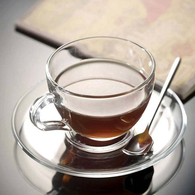 Tosnail 6 Pack 7-Ounce Glass Tea Cups and Saucers Sets Glass Coffee Mugs