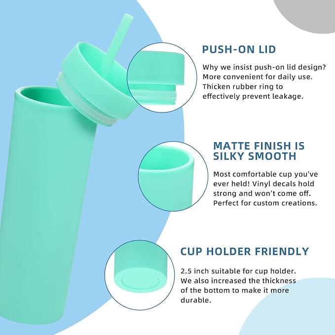 Volhoply 16oz Plastic Skinny Tumbler with Lid and Straw Bulk 10 Pack,Insulated Double Wall BPA Free Matte Acrylic Tumblers,Iced Coffee Travel Reusable Party Cup,Customizable Diy Gifts(Green,10 Set)
