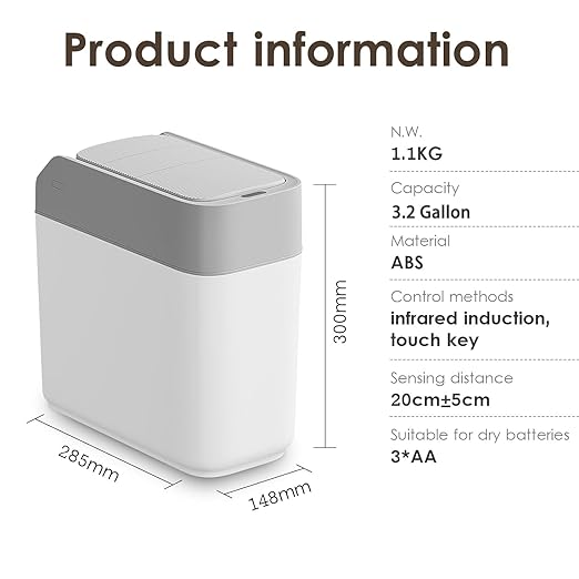 Smart Sensor Trash Can with Slide Lid - 3.2 Gallon Automatic Bathroom Kitchen Waste Bin Touchless Motion Smart Trash Bin for Narrow Spaces, Office, Bedroom, Living Room (White)