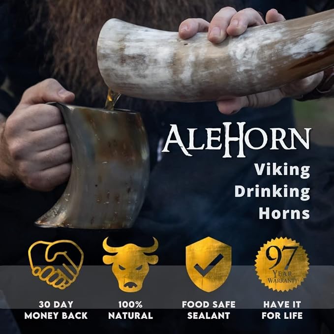 AleHorn Viking Horn Mug, Shot Glass and Bottle Opener Bundle – Handcrafted Natural Ox Horn Tankard for Ale, Mead & Beer – Authentic Medieval Mug – Unique Gift for Men